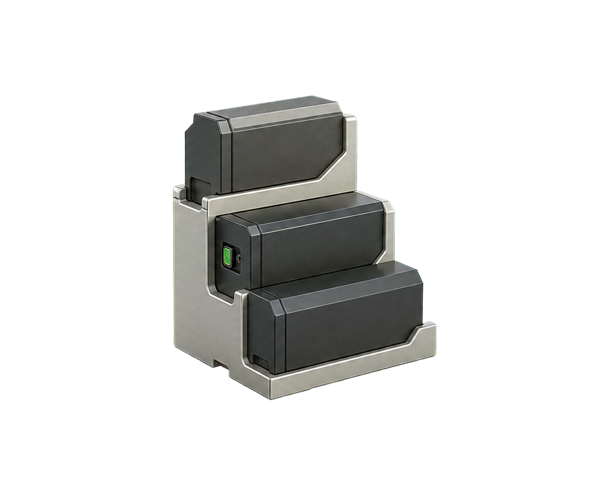 Three interlocking modules held in a compact stepped framework.